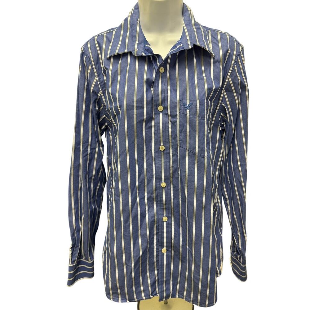 American Eagle Blue Mens M Striped Long Sleeve Button Down Shirt White collared